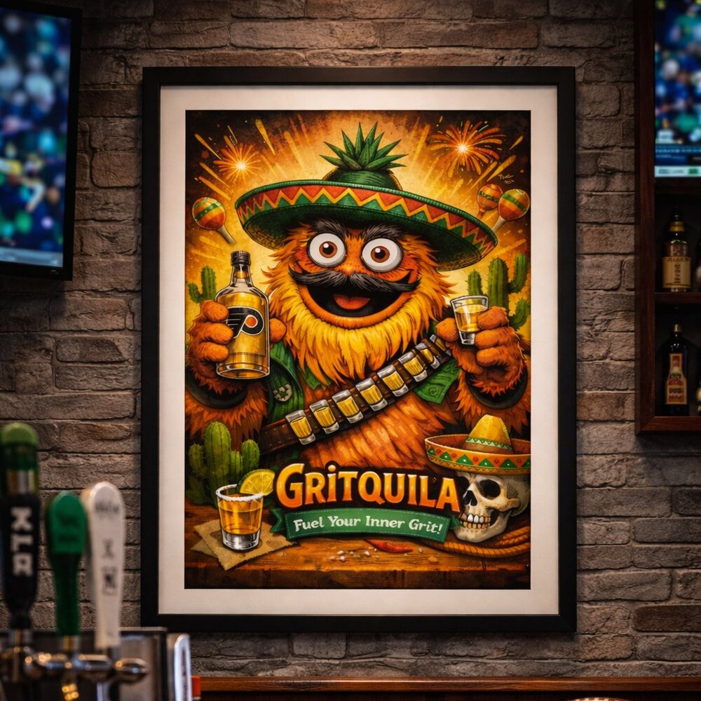 Gritquila Philadelphia Mascot Framed Wall Art | 13x19 Black Frame Bar Decor